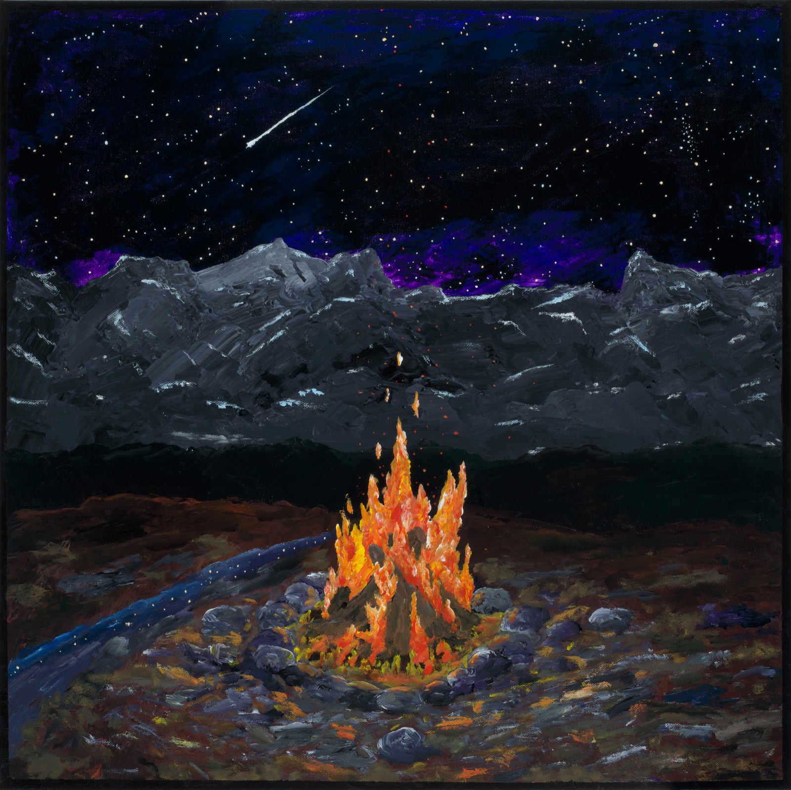 Sacred Fire — Heart of Humanity, an original acrylic painting by Darren Rea depicting a fire as the timeless centre of human society.