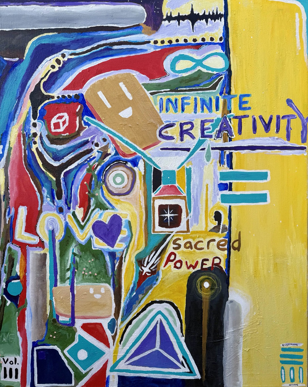 Infinite Creativity = Sacred Power, an original abstract acrylic painting by Darren Rea in vivid colour.