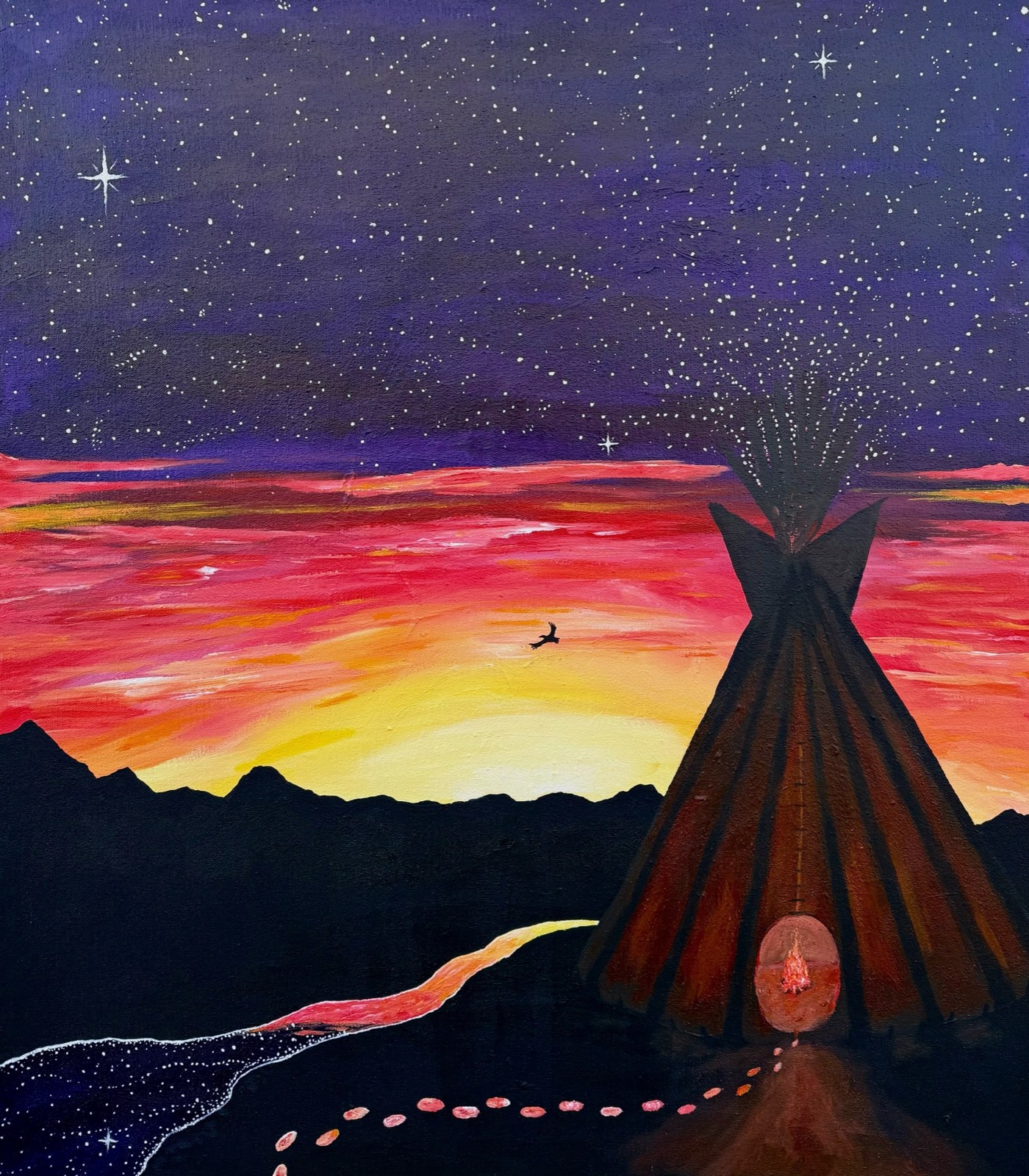 Mino-Pimatisiwin (The Good Life), an original acrylic painting by Darren Rea — a tipi beneath a star-filled prairie sky near the Rocky Mountains.